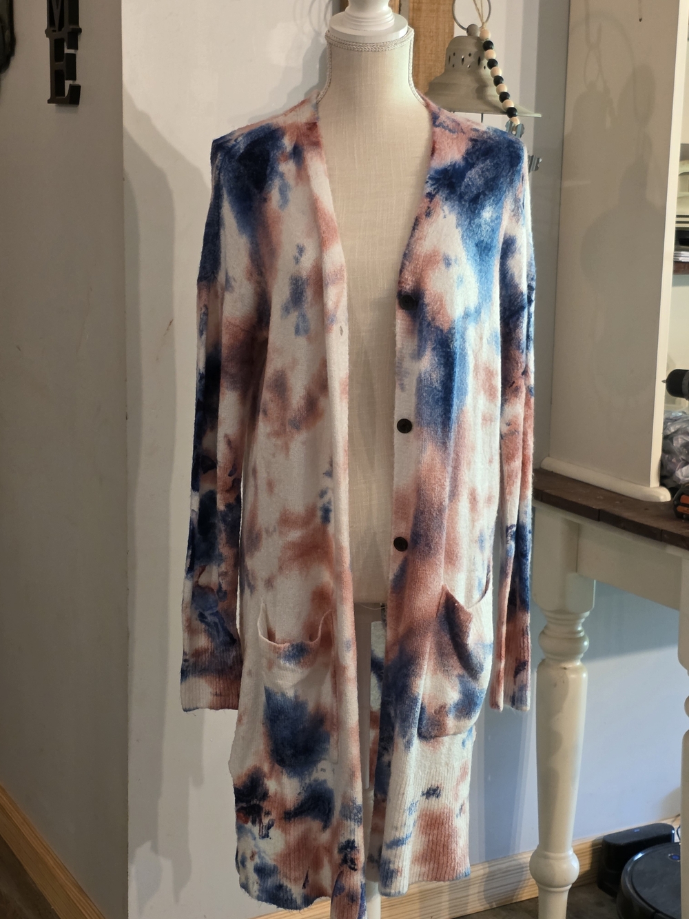True Craft Blue and Mauve Pink Tie-Dye Long Open Cardigan